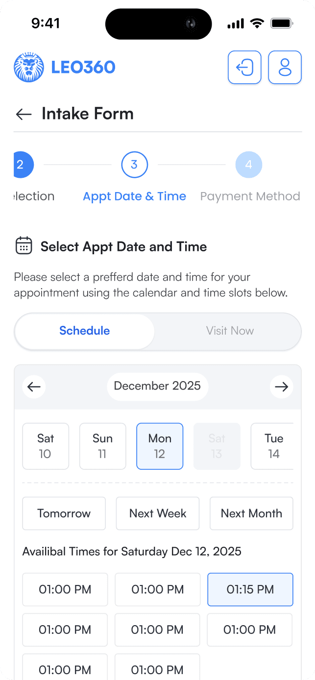 LEO360 scheduling screen